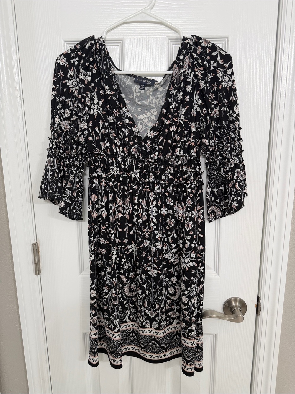 Max Studio Black Floral Midi Dress with Smocked Waist Size Petite M